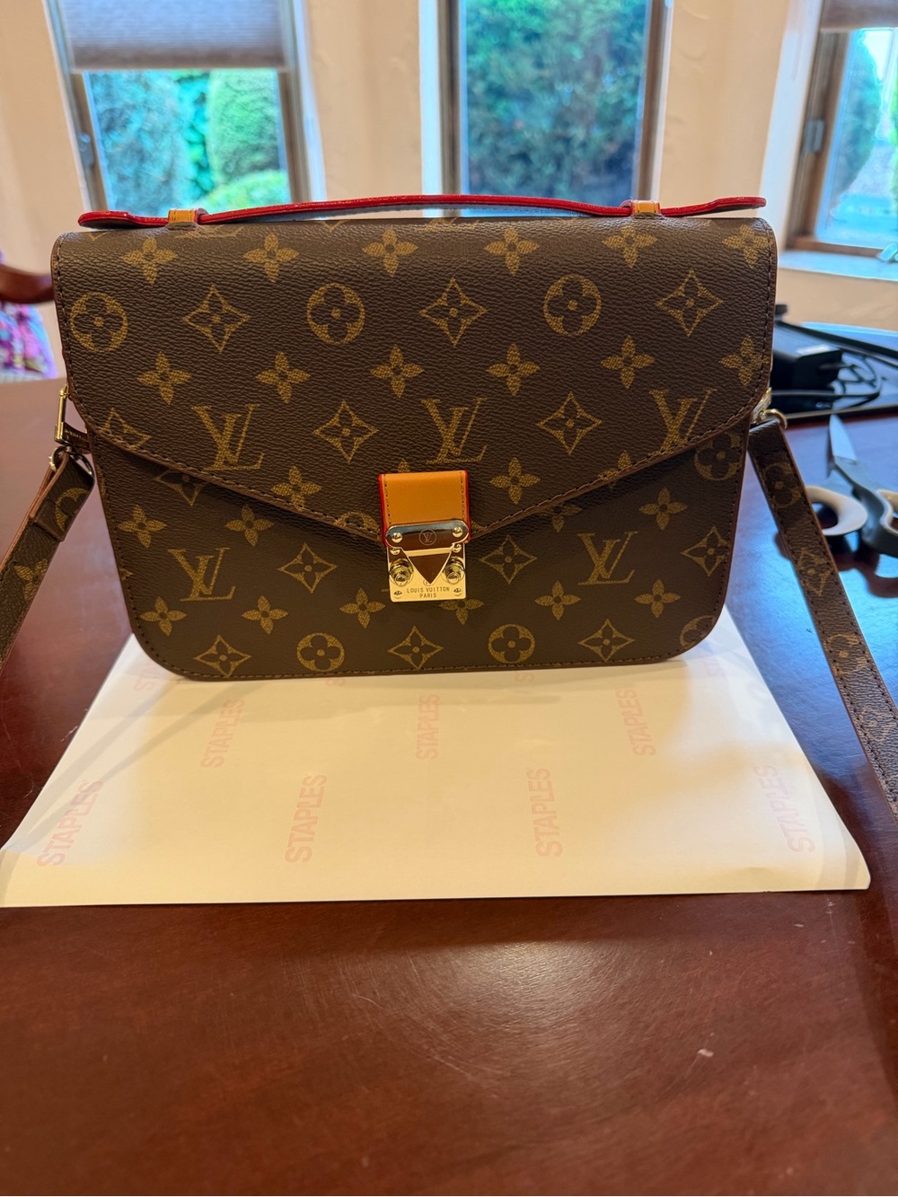 Brown Monogram Crossbody with Red Accents